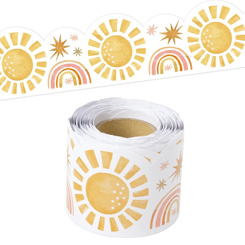 BeYumi Boho Sun Border Trim - 65ft Back to School Boho Sun Scalloped Rolled Border Trim Pastel Watercolor Bulletin Board Set Classroom Office Chalkboard Kindergarten Elementary Home Party Decoration - Image 1